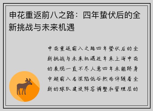 申花重返前八之路:四年蛰伏后的全新挑战与未来机遇 申花重返前八之路:四年蛰伏后的全新挑战与未来机遇