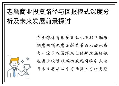 老詹商业投资路径与回报模式深度分析及未来发展前景探讨