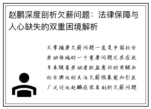 赵鹏深度剖析欠薪问题：法律保障与人心缺失的双重困境解析