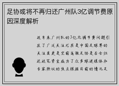 足协或将不再归还广州队3亿调节费原因深度解析